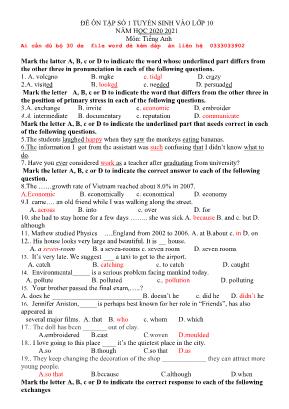 Đề ôn thi tuyển sinh vào Lớp 10 môn Tiếng Anh - Đề số 1 - Năm học 2020-2021 (Có đáp án)