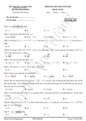 Đề tham khảo kiểm tra học kỳ II môn Toán Lớp 11 năm 2019 - Mã đề 003 - Đinh Văn Trường (Có đáp án)