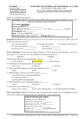 Đề thi chọn đội tuyển học sinh giỏi cấp tỉnh môn Tiếng Anh khối THPT - Năm học 2019-2020