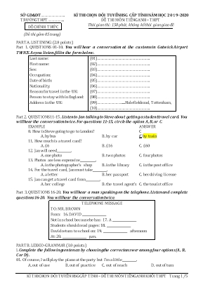 Đề thi chọn đội tuyển học sinh giỏi cấp tỉnh môn Tiếng Anh THPT - Năm học 2019-2020