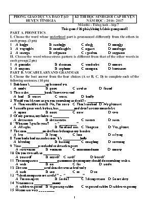 Đề thi chọn học sinh giỏi cấp huyện môn Tiếng Anh Lớp 7 - Năm học 2016-2017 - Phòng giáo dục và đào tạo huyện Tĩnh Gia (Có đáp án)