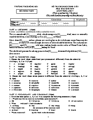 Đề thi chọn học sinh giỏi môn Tiếng Anh Lớp 7 - Năm học 2018-2019 - Trường THCS Đông Hải (Có đáp án)