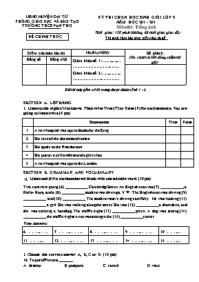 Đề thi chọn học sinh giỏi môn Tiếng Anh Lớp 9 - Trường THCS Vạn Thọ (Có đáp án)