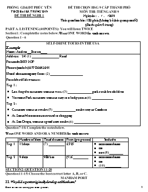 Đề thi đề nghị chọn học sinh giỏi cấp thành phố môn Tiếng Anh Lớp 9 năm 2019 - Trường THCS Hai Bà Trưng (Có đáp án)