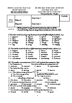 Đề thi học sinh giỏi cấp huyện môn Tiếng Anh Lớp 7 - Năm học 2018-2019 - Phòng giáo dục và đào tạo huyện Kim Sơn (Có đáp án)
