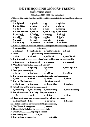 Đề thi học sinh giỏi cấp trường môn Tiếng Anh Lớp 9 - Năm học 2007-2008