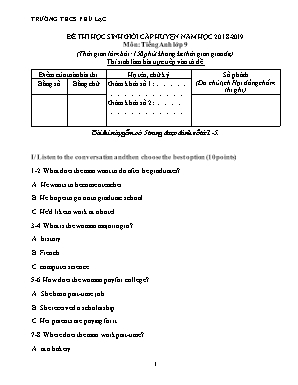 Đề thi học sinh giỏi huyện môn Tiếng Anh Lớp 9 - Năm học 2018-2019 - Trường THCS Phú Lạc (Có đáp án)