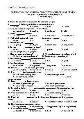 Đề thi học sinh giỏi huyện môn Tiếng Anh Lớp 9 - Trường THCS Hùng Sơn (Có đáp án)