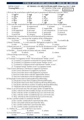 Đề thi khảo sát chất lượng các đội tuyển học sinh giỏi môn Tiếng Anh Lớp 9 - Đề số 9113 - Năm học 2017-2018 - Đỗ Bình