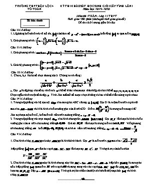 Đề thi khảo sát học sinh giỏi cấp tỉnh lần 1 môn Toán Lớp 11 THPT - Năm học 2019-2020 - Trường THPT Hậu Lộc (Có đáp án)