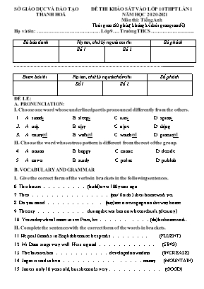 Đề thi khảo sát vào Lớp 10 THPT môn Tiếng Anh lần 1 - Năm học 2020-2021 - Sở giáo dục và đào tạo Thanh Hóa (Có đáp án)