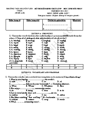Đề thi kiểm định chất lượng học sinh mũi nhọn môn Tiếng Anh Lớp 7 - Năm học 2012-2013 - Trường THCS Nguyễn Tuấn Thiện (Có đáp án)