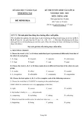 Đề thi minh họa tuyển sinh vào Lớp 10 môn Tiếng Anh - Năm học 2020-2021 - Sở giáo dục và đào tạo tỉnh Đồng Nai