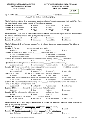 Đề thi thử THPT Quốc gia lần 1 môn Tiếng Anh - Mã đề A - Năm học 2018-2019 - Trường THPT Hưng Đạo
