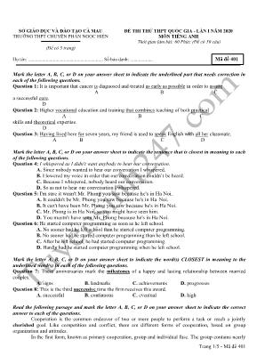 Đề thi thử THPT Quốc gia môn Tiếng Anh lần I năm 2020 - Mã đề 401 - Trường THPT chuyên Phan Ngọc Hiển