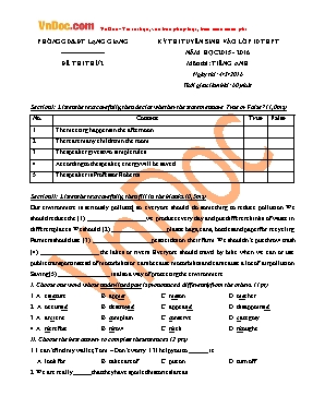 Đề thi thử tuyển sinh vào Lớp 10 THPT môn Tiếng Anh - Đề số 2 - Năm học 2015-2016 - Phòng giáo dục và đào tạo Lạng Giang