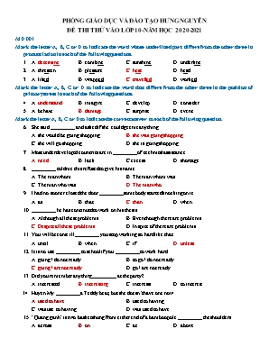 Đề thi thử vào Lớp 10 môn Tiếng Anh - Năm học 2020-2021 - Phòng giáo dục và đào tạo Hưng Yên (Kèm đáp án)