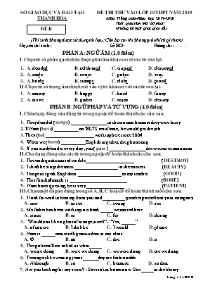 Đề thi thử vào Lớp 10 THPT môn Tiếng Anh - Đề B - Năm học 2019-2020 - Sở giáo dục và đào tạo Thanh Hóa