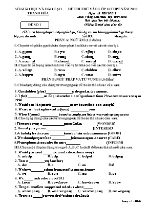 Đề thi thử vào Lớp 10 THPT môn Tiếng Anh - Đề số 1 - Năm học 2019-2020 - Sở giáo dục và đào tạo Thanh Hóa