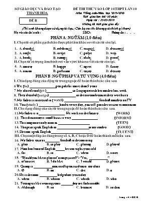 Đề thi thử vào Lớp 10 THPT môn Tiếng Anh lần 10 - Đề B - Năm học 2019-2020 - Sở giáo dục và đào tạo Thanh Hóa