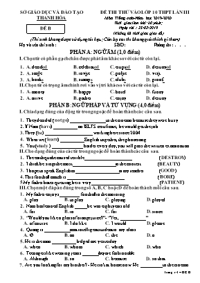 Đề thi thử vào Lớp 10 THPT môn Tiếng Anh lần III - Đề B - Năm học 2019-2020 - Sở giáo dục và đào tạo Thanh Hóa