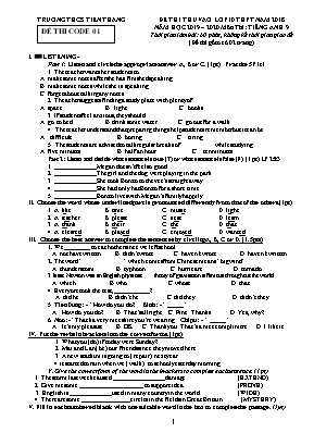 Đề thi thử vào Lớp 10 THPT môn Tiếng Anh - Mã đề 01 - Năm học 2019-2020 - Trường THCS Tiến Thắng