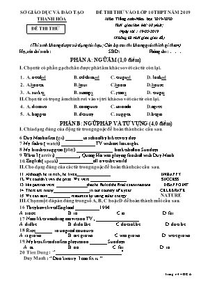 Đề thi thử vào Lớp 10 THPT môn Tiếng Anh năm 2019 - Năm học 2019-2020 - Sở giáo dục và đào tạo Thanh Hóa