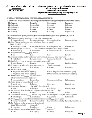 Đề thi tuyển sinh Lớp 10 THPT chuyên môn Tiếng Anh - Năm học 2015-2016 - Sở giáo dục và đào tạo Vĩnh Phúc (Có đáp án)