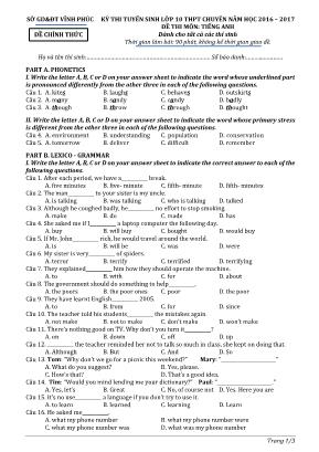 Đề thi tuyển sinh Lớp 10 THPT chuyên môn Tiếng Anh - Năm học 2016-2017 - Sở giáo dục và đào tạo Vĩnh Phúc