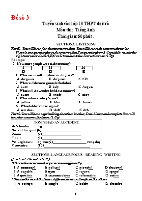 Đề thi tuyển sinh Lớp 10 THPT đại trà môn Tiếng Anh - Đề số 3
