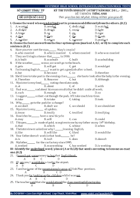 Đề thi tuyển sinh Lớp 10 THPT môn Tiếng Anh - Đề số 1042 - Đỗ Bình