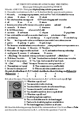 Đề thi tuyển sinh Lớp 10 THPT môn Tiếng Anh năm 2019 (Có đáp án)