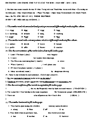 Đề thi tuyển sinh vào Lớp 10 môn Tiếng Anh - Năm học 2015-2016