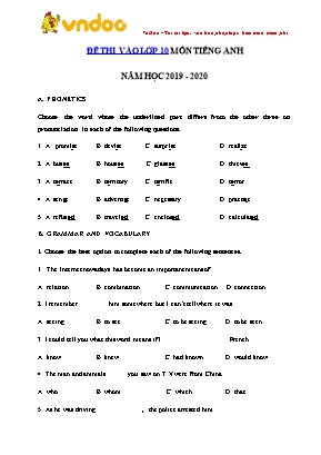 Đề thi tuyển sinh vào Lớp 10 môn Tiếng Anh - Năm học 2019-2020 (Có đáp án)