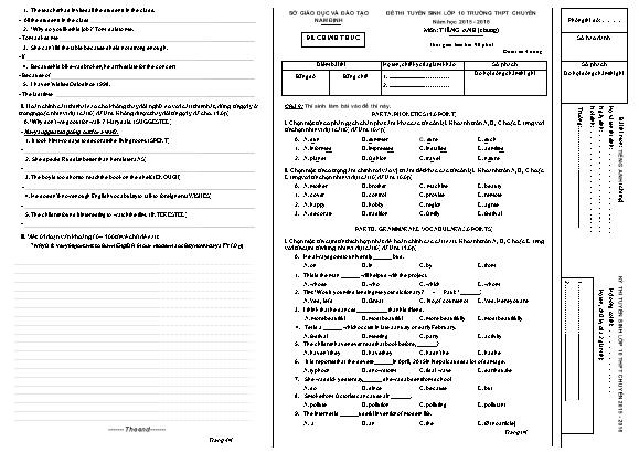 Đề thi tuyển sinh vào Lớp 10 THPT chuyên môn Tiếng Anh (Chung) - Năm học 2015-2016 - Sở giáo dục và đào tạo Nam Định (Có đáp án)