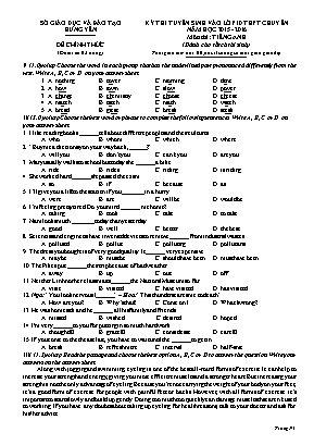 Đề thi tuyển sinh vào Lớp 10 THPT chuyên môn Tiếng Anh (Dành cho tất cả thí sinh) - Năm học 2015-2016 - Sở giáo dục và đào tạo Hưng Yên (Có đáp án)