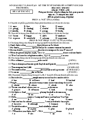 Đề thi tuyển sinh vào Lớp 10 THPT môn Tiếng Anh - Đề cấp tốc số 2 - Năm học 2020-2021 - Sở giáo dục và đào tạo Thanh Hóa