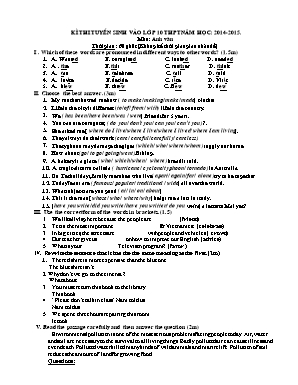 Đề thi tuyển sinh vào Lớp 10 THPT môn Tiếng Anh - Năm học 2014-2015