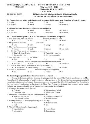 Đề thi tuyển sinh vào Lớp 10 THPT môn Tiếng Anh - Năm học 2015-2016 - Sở giáo dục và đào tạo An Giang