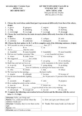 Đề thi tuyển sinh vào Lớp 10 THPT môn Tiếng Anh - Năm học 2017-2018 - Sở giáo dục và đào tạo Đồng Nai (Có đáp án)