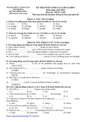 Đề thi tuyển sinh vào Lớp 10 THPT môn Tiếng Anh - Năm học 2019-2020 - Sở giáo dục và đào tạo Thanh Hóa (Có đáp án)