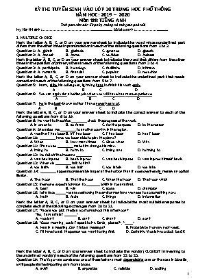 Đề thi tuyển sinh vào Lớp 10 THPT môn Tiếng Anh - Năm học 2019-2020