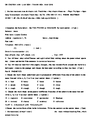 Đề thi vào Lớp 10 THPT chuyên Lam Sơn môn Tiếng Anh năm 2018