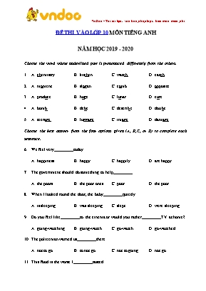 Đề thi vào Lớp 10 THPT môn Tiếng Anh - Năm học 2019- 2020 (Có đáp án)