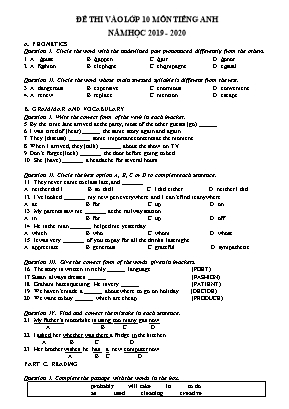 Đề tuyển sinh vào Lớp 10 môn Tiếng Anh - Năm học 2019-2020