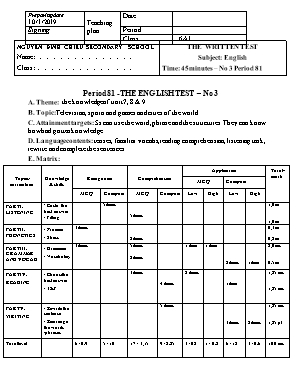 Ma trận và đề kiểm tra 1 tiết số 3 môn Tiếng Anh Lớp 6 - Trường THCS Nguyễn Đình Chiểu