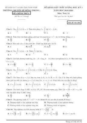 4 Đề khảo sát chất lượng học kỳ I môn Toán Lớp 12 - Năm học 2019-2020 - Trường THPT chuyên Lê Hồng Phong (Có đáp án)