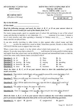 4 Đề kiểm tra chất lượng học kỳ II môn Tiếng Anh Lớp 12 - Năm học 2011-2012 - Sở giáo dục và đào tạo Đồng Tháp (Có đáp án)