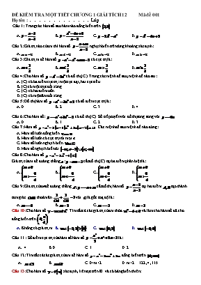 7 Đề kiểm tra 1 tiết Chương 1 môn Giải tích Lớp 12 (Có đáp án)