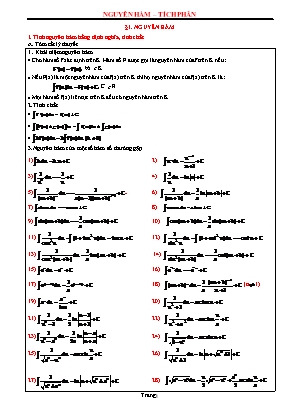 Bài tập Giải tích Lớp 12: Nguyên hàm - Tích phân